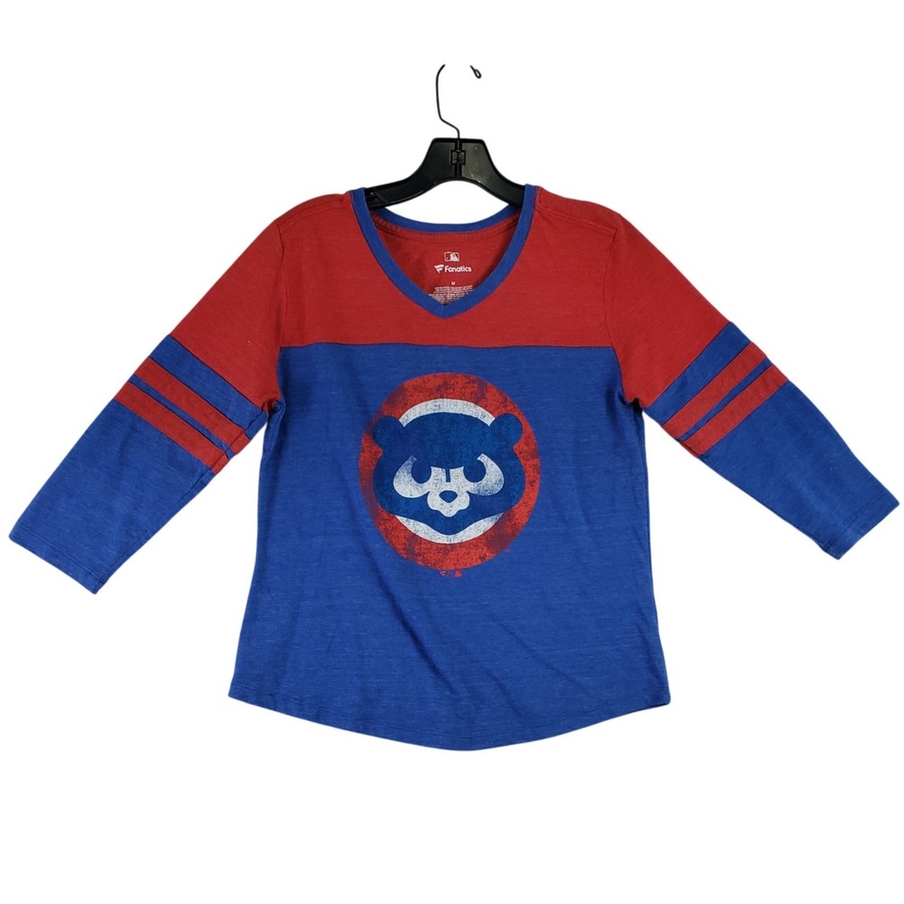 Chicago Cubs Fanatics T Shirt Womens M Blue Red MLB Baseball 3/4 Sleeve V Neck